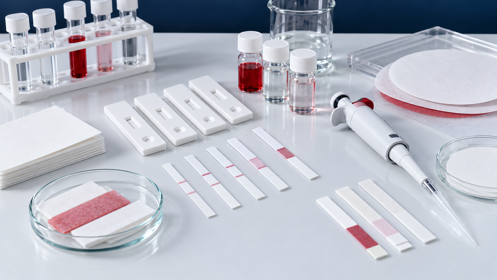Lateral flow assay development materials including unbranded cassettes, nitrocellulose strips, reagents and a pipette