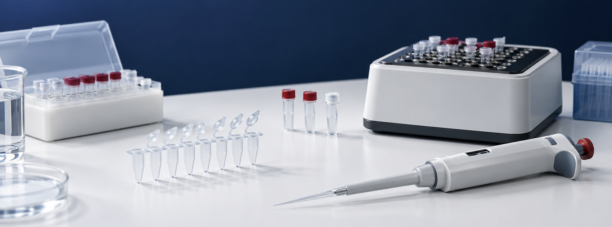 PCR and LAMP reaction tubes, pipette and generic heating equipment in a molecular biology laboratory