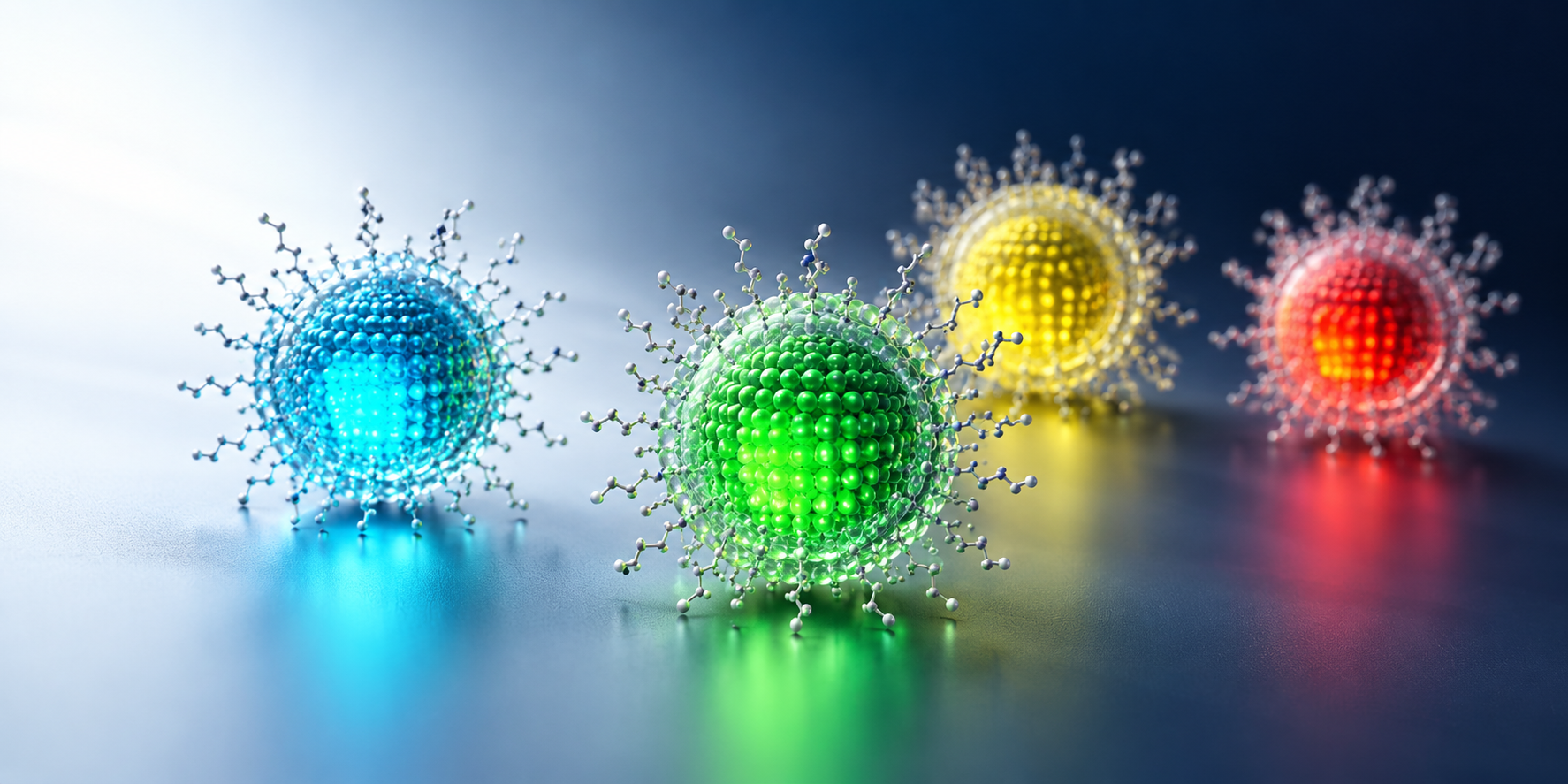 Scientific illustration of fluorescent semiconductor core-shell quantum dots with surface ligands